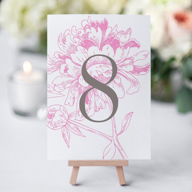 Carte de numéro de table Fuschia Rose Gris Pivoine (Créateur téléchargé)