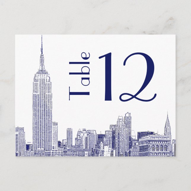 Carte de numéro de table gravée 01 NYC Skyline Ble (Devant)