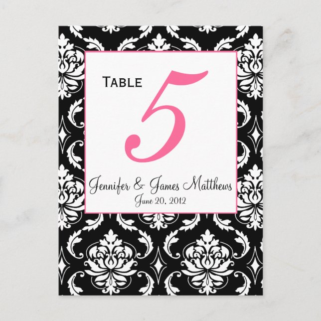 Carte de numéro de table Mariage damassé élégant (Devant)