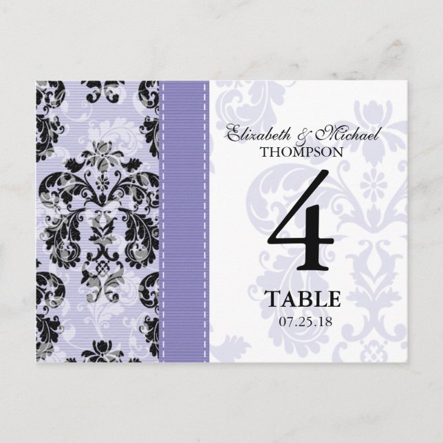 Carte de numéro de table Mariage damassé violet et (Devant)