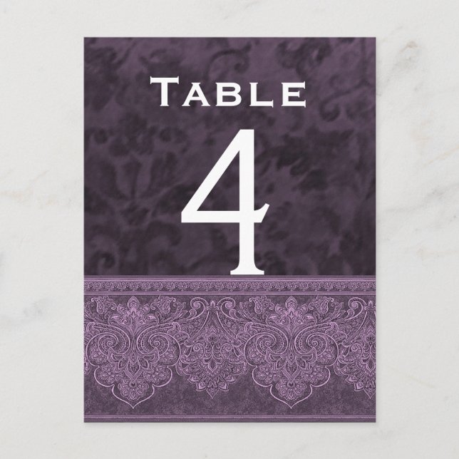 Carte de numéro de table Mariage damassé violet et (Devant)