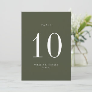 Carte de numéro de table Mariage vert olive