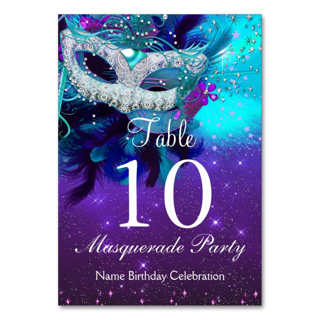 Carte de numéro de table Masque à plumes sarcelle  (Par défaut)