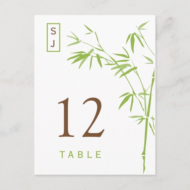 Carte de numéro de table Monogram Bamboo | Vert et (Devant)