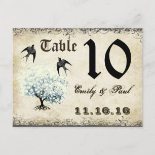 Carte de numéro de table oiseaux arbre feuille de