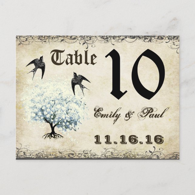 Carte de numéro de table oiseaux arbre feuille de  (Devant)