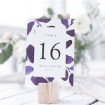 Carte de numéro de table personnalisée en botaniqu<br><div class="desc">Les cartes de numéro de table botanique chic sont dotées d'une bordure de feuillage d'aquarelle violet de prune, qui encadre votre numéro de table. Personnalisez avec vos noms et votre date de mariage, ou nommez chaque table pour une touche personnelle supplémentaire. Le design se répète à l'envers. Coordonnée avec notre...</div>