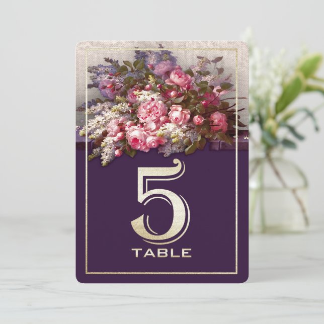 Carte de numéro de table Plum Gold Painting Floral (Debout devant)