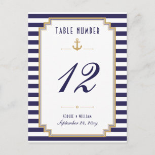Carte de numéro de table rayée bleu marine blanc
