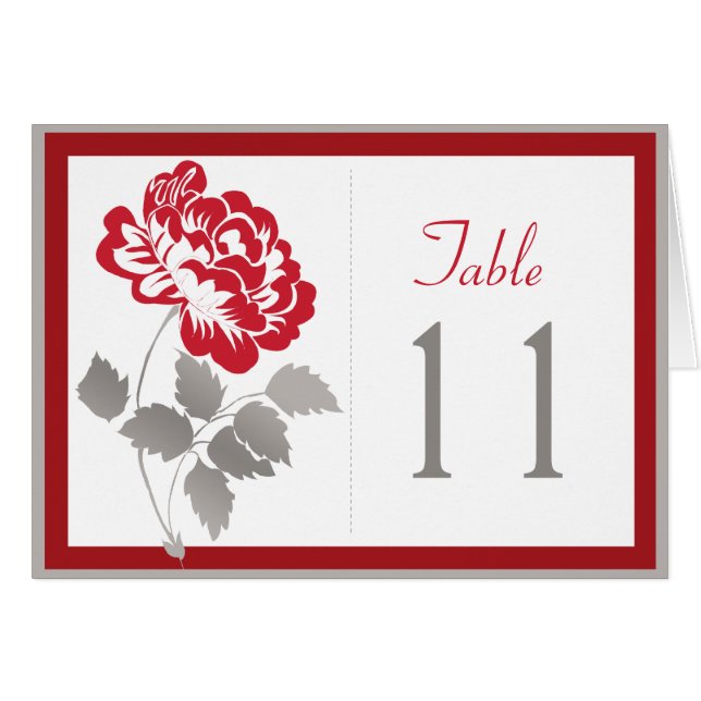 Carte de numéro de table Red Peony sur blanc avec  (Devant horizontal)