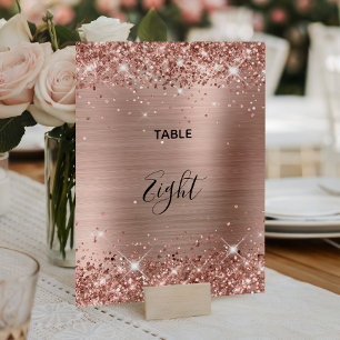 Carte de numéro de table rose doré pailleté 5x7 en
