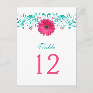 Carte de numéro de table rose Gerbera Daisy Turquo