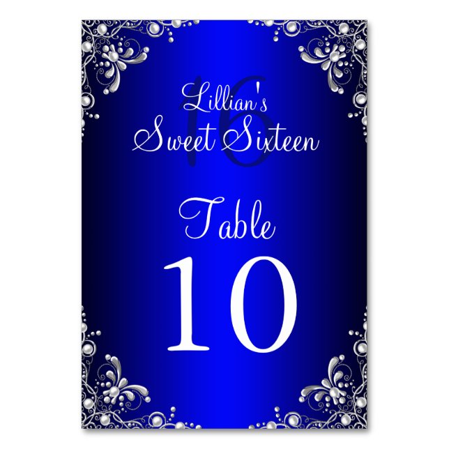 Carte de numéro de table Royal Blue Sweet 16 Silve (Par défaut)