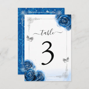 Carte de numéro de table Silver Royal Blue Roses é