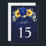 Carte de numéro de table Tournesol Rustique Bleu R<br><div class="desc">Élégante et moderne carte de numéro de table de mariage rustique et champêtre avec un tournesol jaune vif, des pivoines bleues royales, du baby's breath, une couronne / cadre floral de gypsophile avec des feuilles d'eucalyptus. Veuillez trouver plus de modèles et de variations correspondants dans ma boutique "blissweddingpaperie". Et n'hésitez...</div>