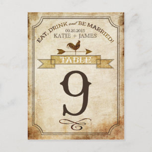 Carte de numéro de table vintage Rooster Rustic Co