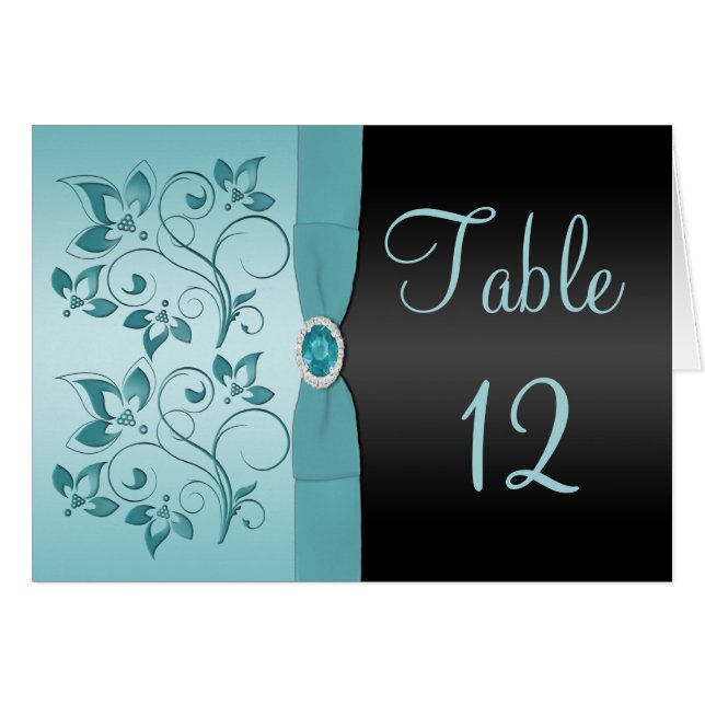 Carte de numéro de tableau Floral bleu et noir (Devant horizontal)