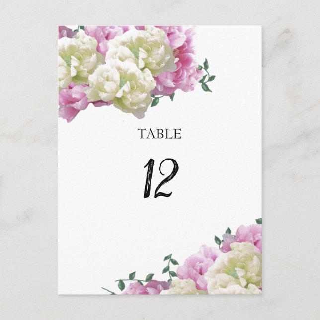 Carte de numérotation de table florale aux pivoine (Devant)