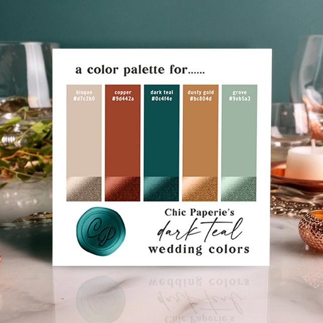 Carte de palette de couleurs de mariage audacieuse (Teal and Copper Wedding Color Palette Swatch Card)