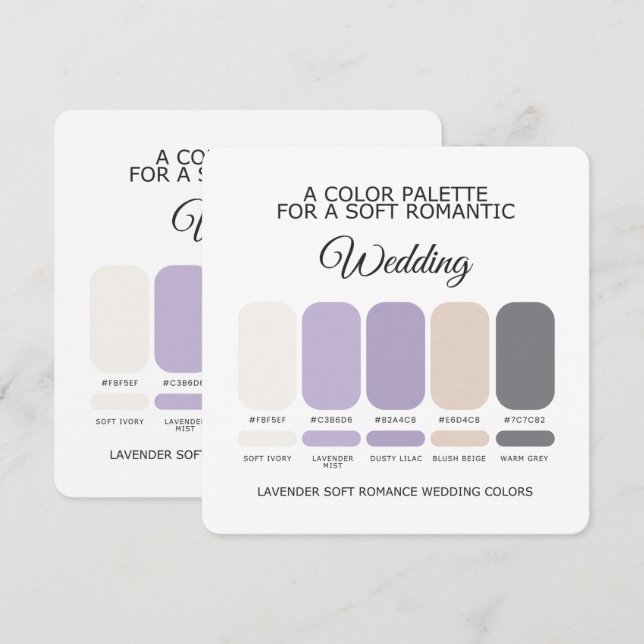 Carte de Palette de Couleurs de Mariage Lavande (Devant / Derrière)