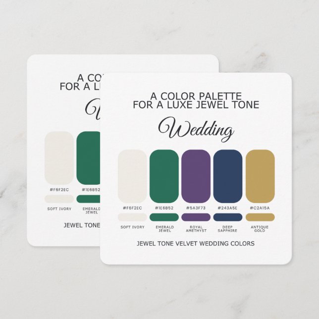 Carte de Palette de Couleurs de Mariage Luxe Bijou (Devant / Derrière)