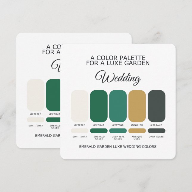 Carte de Palette de Couleurs de Mariage Luxe Émera (Devant / Derrière)