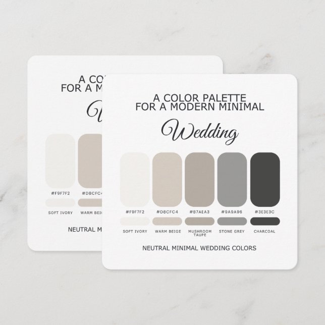 Carte de Palette de Couleurs de Mariage Neutres (Devant / Derrière)