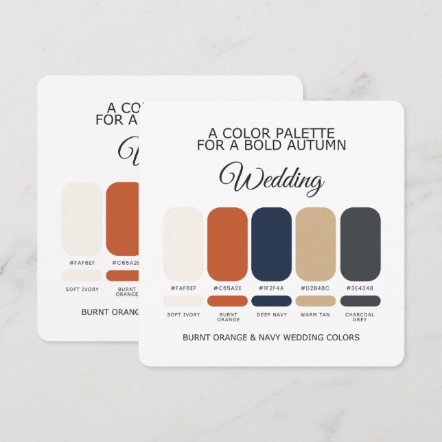 Carte de Palette de Couleurs de Mariage Orange Brû (Devant / Derrière)