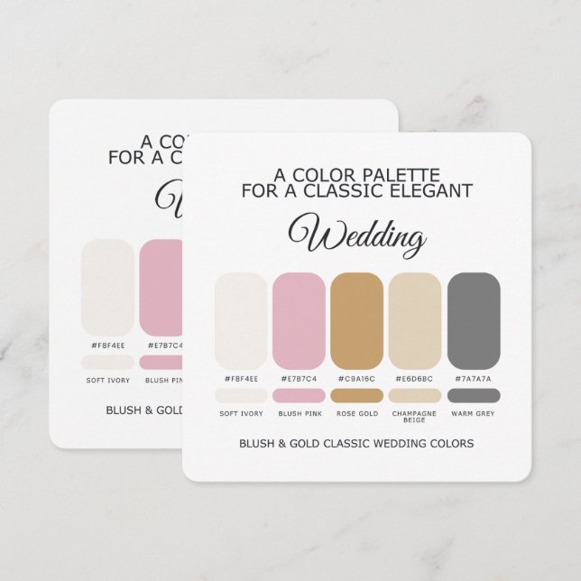 Carte de palette de couleurs de mariage rose et or (Devant / Derrière)
