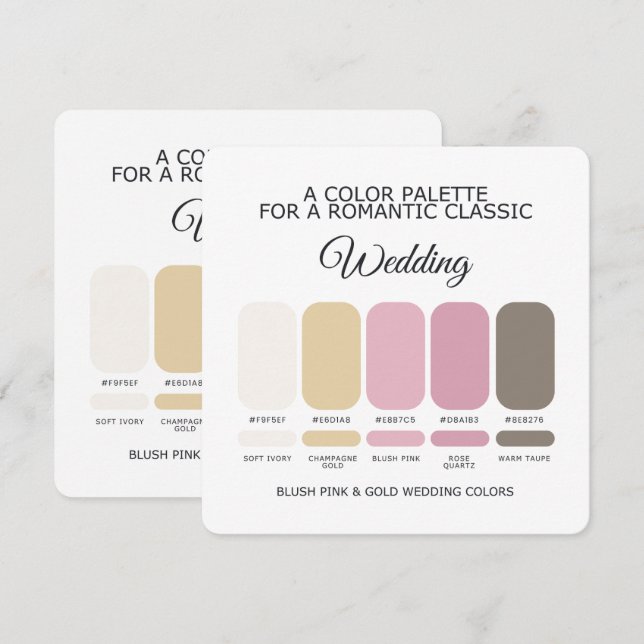 Carte de palette de couleurs de mariage rose et or (Devant / Derrière)