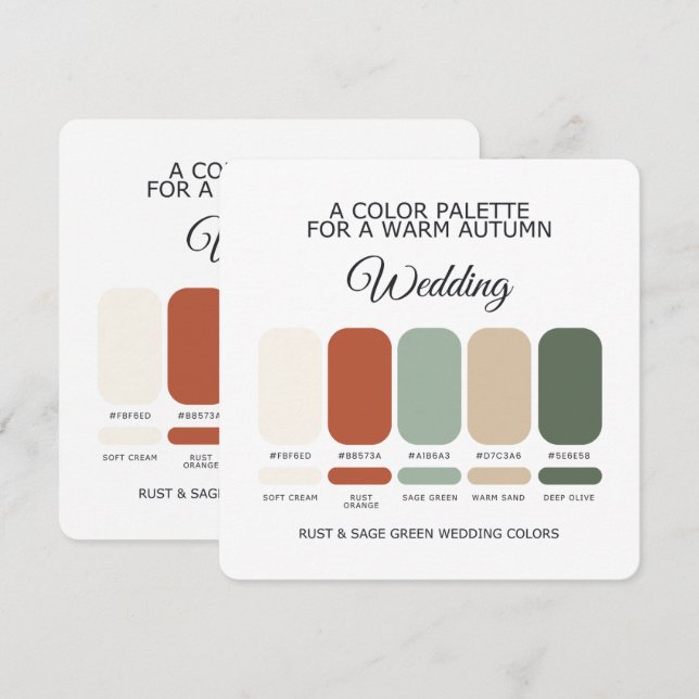 Carte de Palette de Couleurs de Mariage Rouille et (Devant / Derrière)