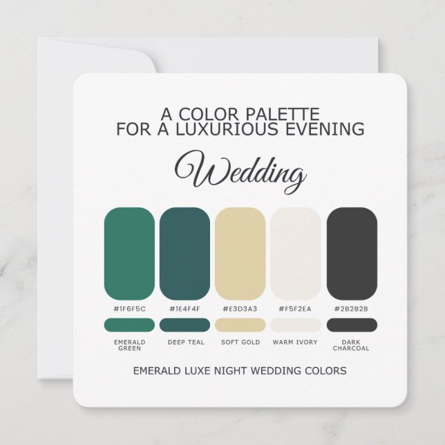 Carte de Palette de Couleurs de Mariage Vert Émera (Devant)