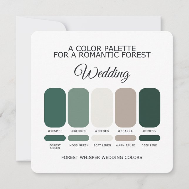 Carte de Palette de Couleurs de Mariage Vert Forêt (Devant)