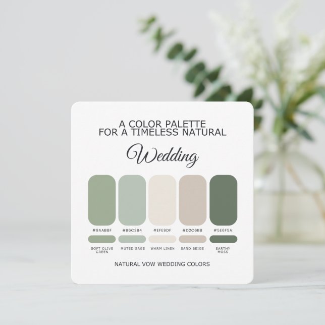 Carte de Palette de Couleurs de Mariage Vert Natur (Debout devant)