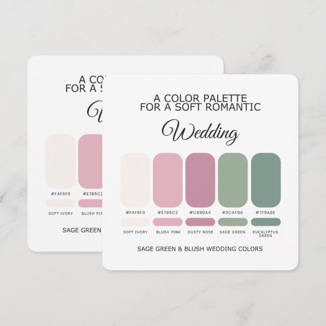 Carte de Palette de Couleurs de Mariage Vert Sauge (Devant / Derrière)