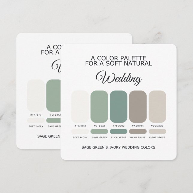 Carte de palette de couleurs de mariage Vert sauge (Devant / Derrière)
