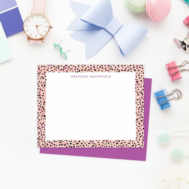 Carte de papeterie personnelle pour Empreinte de l (fun colorful blush pink and purple leopard print border frame personal stationery note cards)