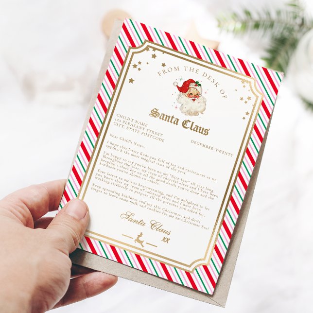 Carte de papier d'aluminium à rayures festives de  (Letter From Santa Festive Stripe Gold Zazzle)