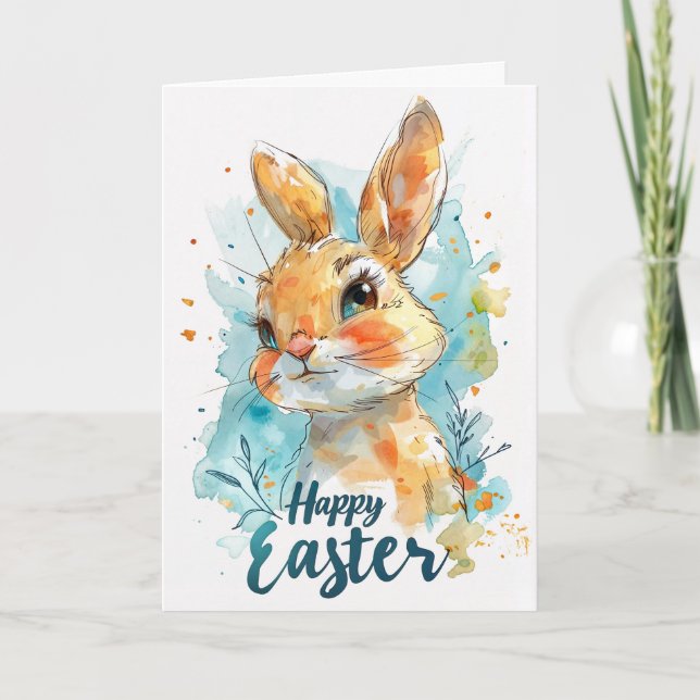 Carte de Pâques Adorable Lapin à l'aquarelle (Devant)