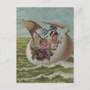 Carte de Pâques antique Œuf de Voile Enfants