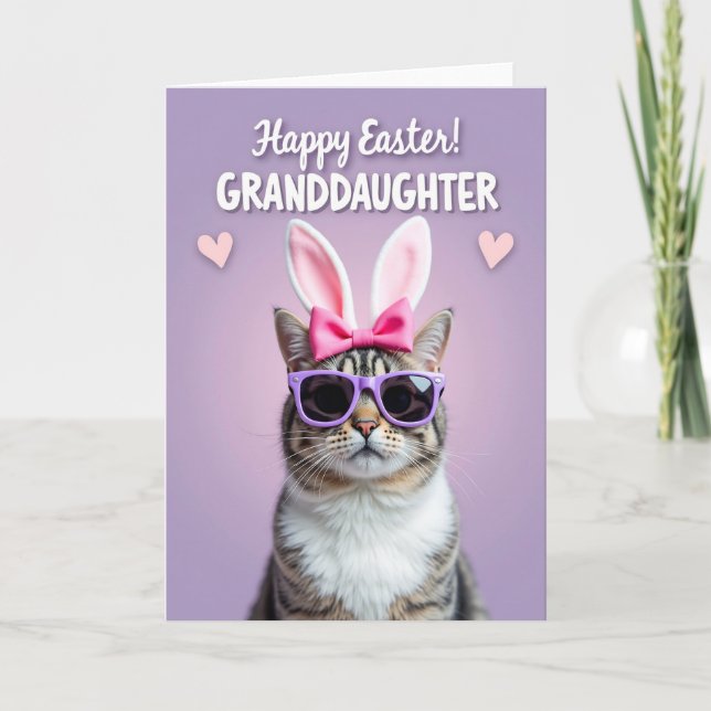 Carte de Pâques au chat tigré avec noeud fuchsia (Devant)