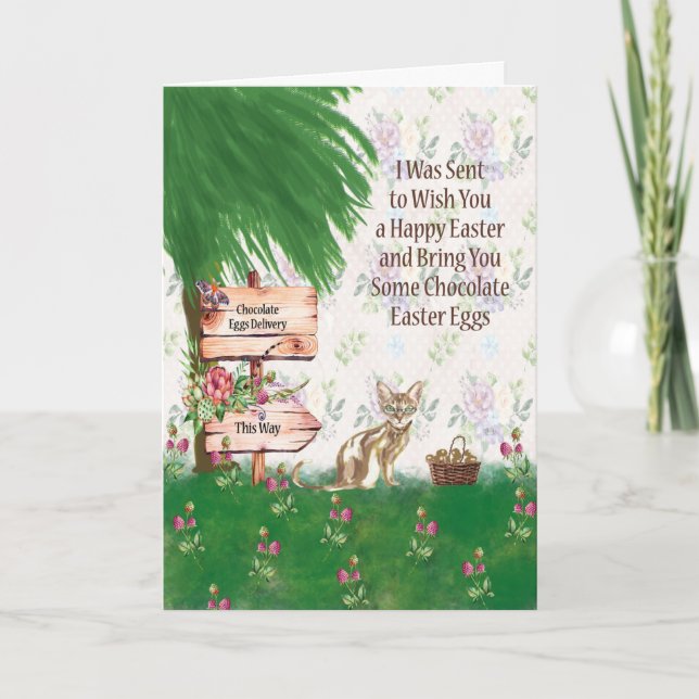 Carte de Pâques avec chat livrant des oeufs au cho (Devant)