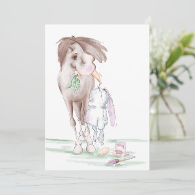 Carte de Pâques avec cheval et lapin (Debout devant)