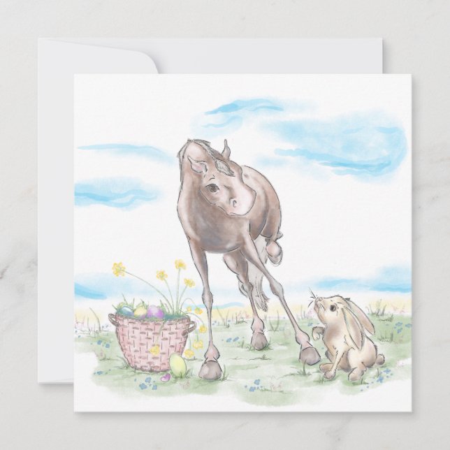 Carte de Pâques avec cheval et lapin de Pâques, an (Devant)