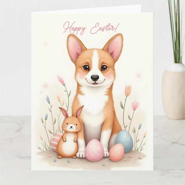 Carte de Pâques avec chien de corgi dans les coule (Devant)