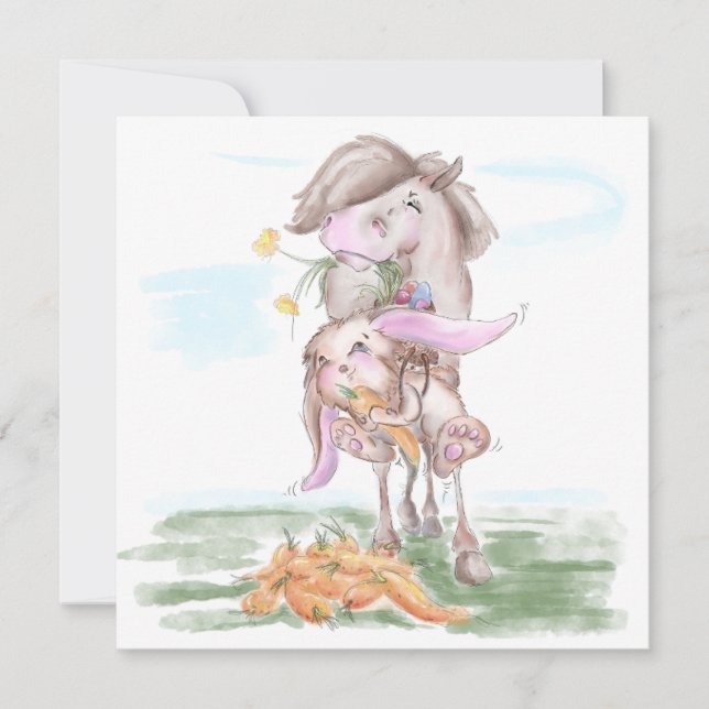 Carte de Pâques avec lapin doux et cheval (Devant)