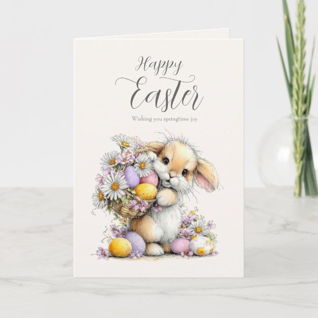 Carte de Pâques avec Lapin Mignon et Panier d'Oeuf (Devant)