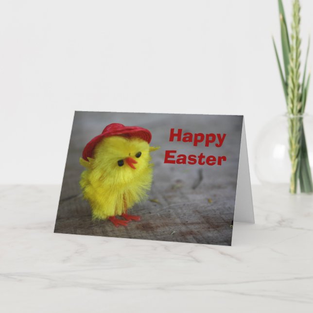 Carte de Pâques avec poussin heureux en chapeau (Devant)