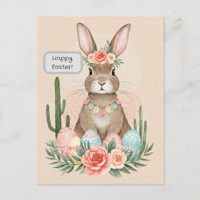 Carte de Pâques Boho Lapin – Carte Postale Pastel  (Devant)