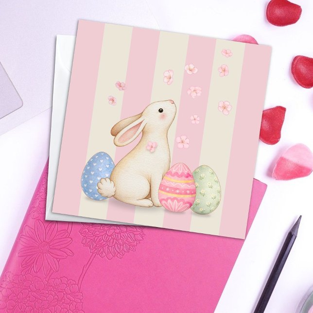 Carte de Pâques carrée Lapin et Œufs Rayures (Créateur téléchargé)